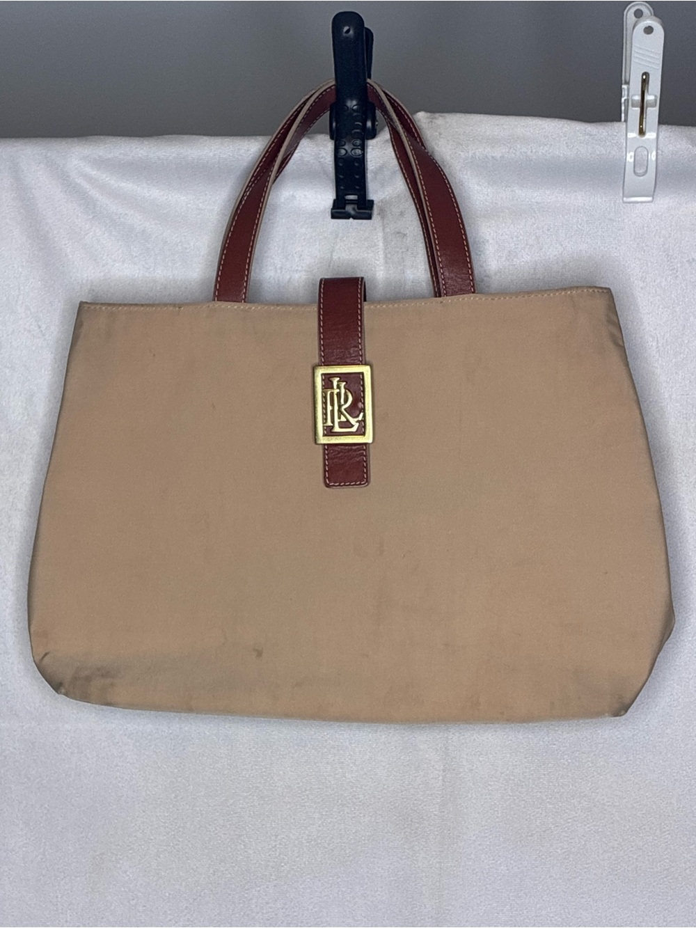 Vintage Lauren Ralph Lauren Beige and Brown Tote Bag with Gold Accent